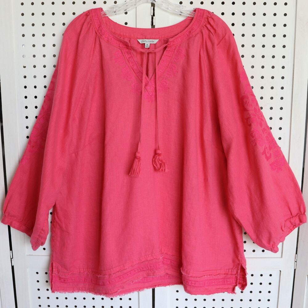 John Mark Pink Embroidered 100% Linen Tunic Peasant Top Womens SIZE 1X